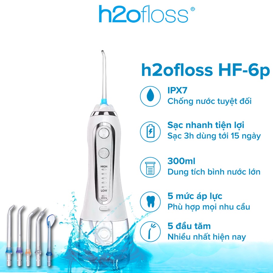 Máy tăm nước H2ofloss HF-6P, Máy tăm nước cầm tay nhập khẩu 2022 BH lỗi 1 đổi 1, tặng 5 đầu vòi xịt bản Nội Địa