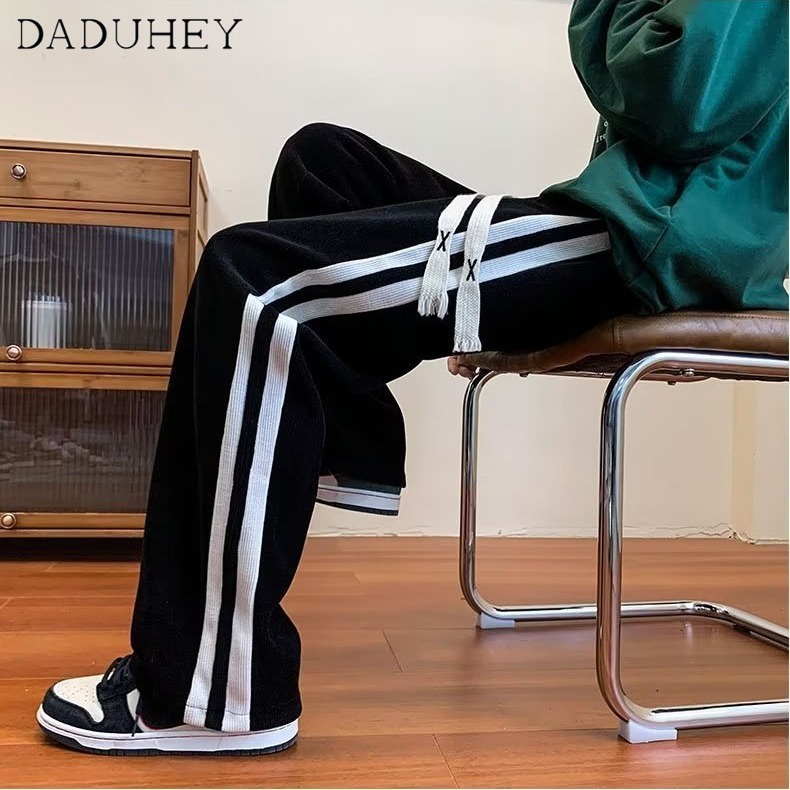 DaDuHey Men's Autumn Fashion Brand Loose Striped Casual Pants Ins Corduroy Straight Wide Leg Sports Pants