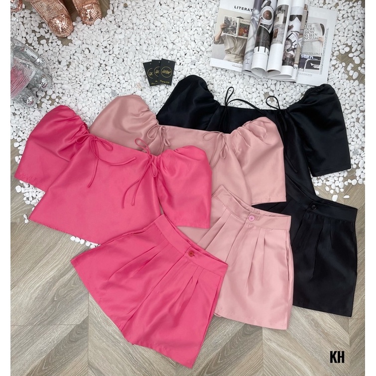 Set tafta hai nơ cổ vuông tay bồng
