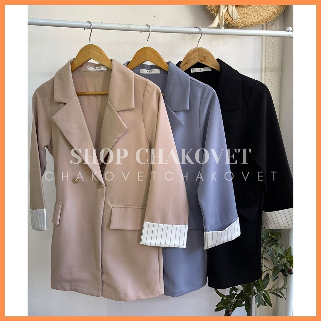 Áo khoác blazer nữ dài tay 1 lớp dầy dặn AB876, thiết kế áo cổ vest túi hộp 2 cúc giả gỗ tay pha kẻ sọc  Style Hàn Quốc