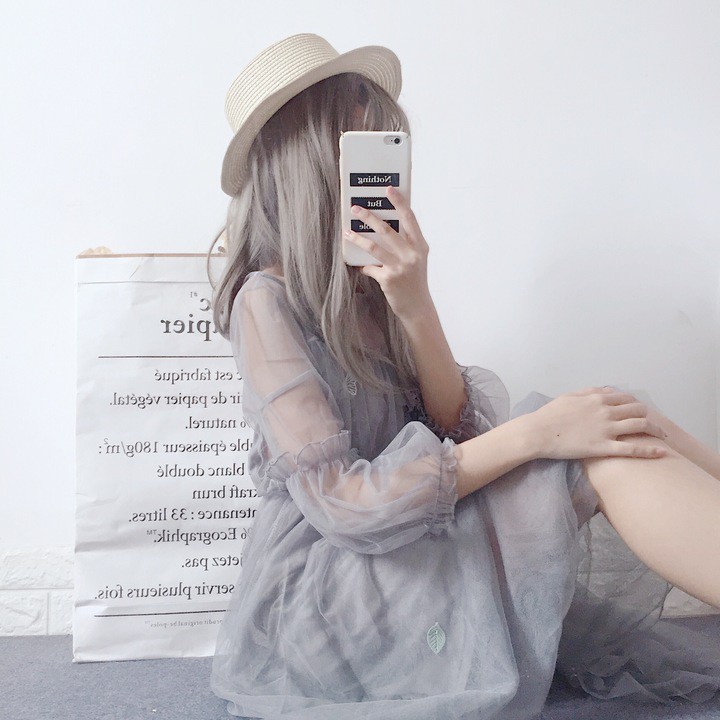 M15 - Đầm công chúa Ulzzang cổ tròn tay bồng phối lưới đính hoa