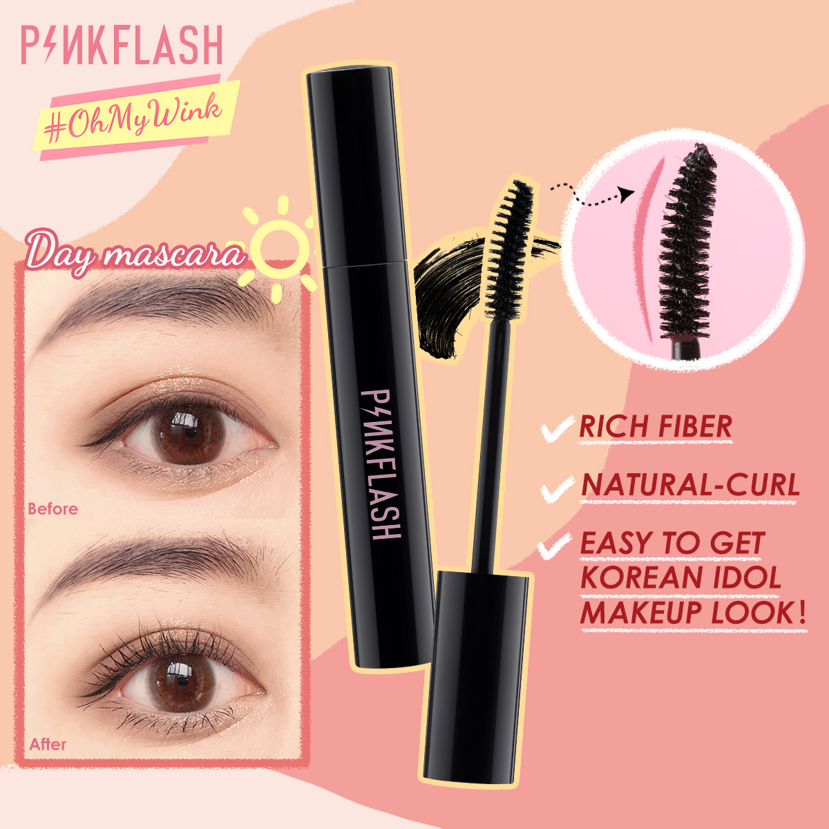 Mascara PINKFLASH trang điểm cho ban đêm/ban ngày chống thấm nước chất lượng cao tiện dụng