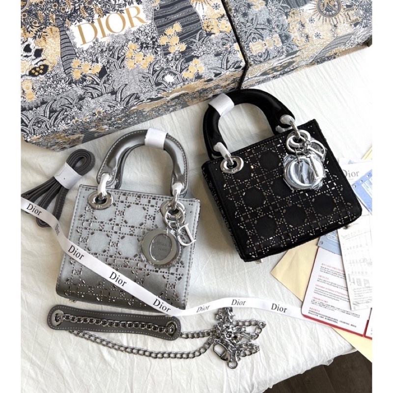 Túi Dior Lady 3 ô nạm đá Sz 18 Super Fullbox nam châm