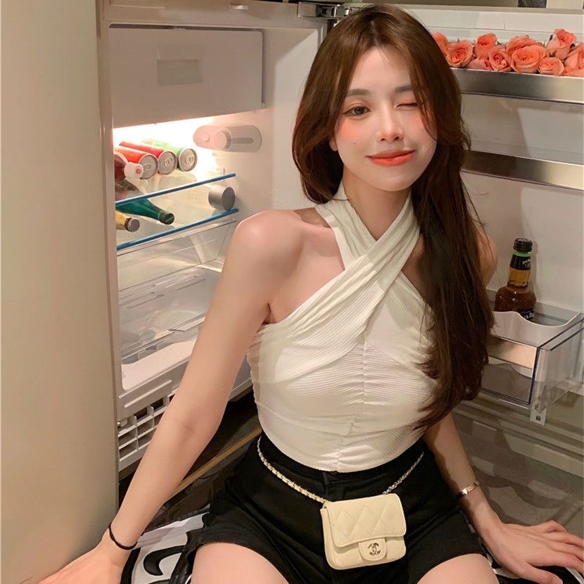 Jiashucheng Áo Hai Dây Ngắn Mỏng Mùa Hè Xóa Nếp Nhăn Cổ Chéo Thời Trang Cho Nữ