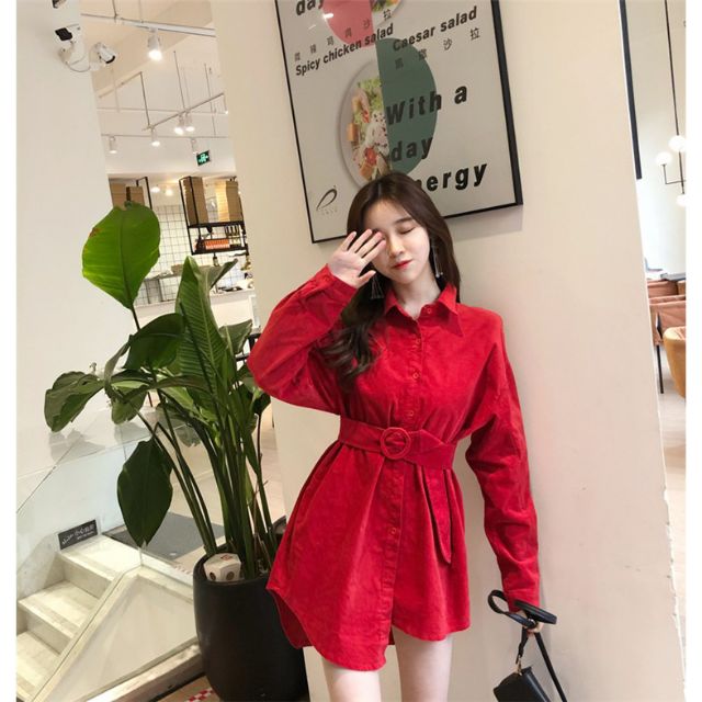 Đầm sơ mi nhung kèm belt