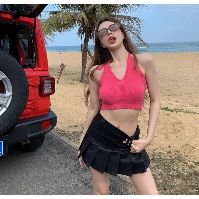 Áo croptop len tăm không tay cổ yếm 3 màu