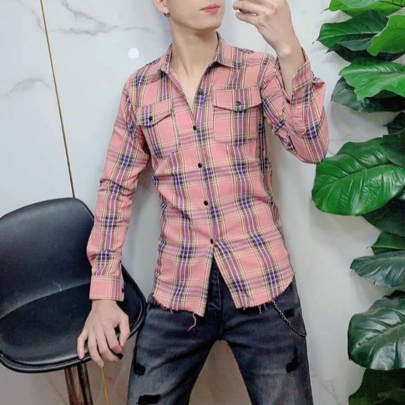 Áo sơ mi bbr nam dài tay kẻ sọc caro rách gấu , chất liệu cotton không phai màu ko xù lông
