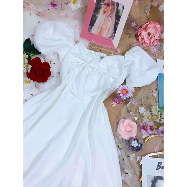 Đầm dự tiệc đầm dạo phố dáng xòe nhẹ tay bồng phối nơ xinh xắn Bibi- BT066