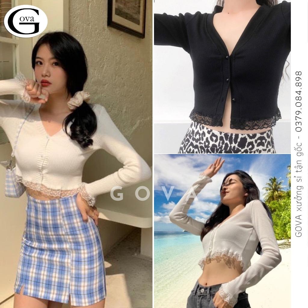 Áo Croptop tay dài phối ren Hot Trend Áo kiểu nữ ôm chất thun Cao Cấp gân mềm mát