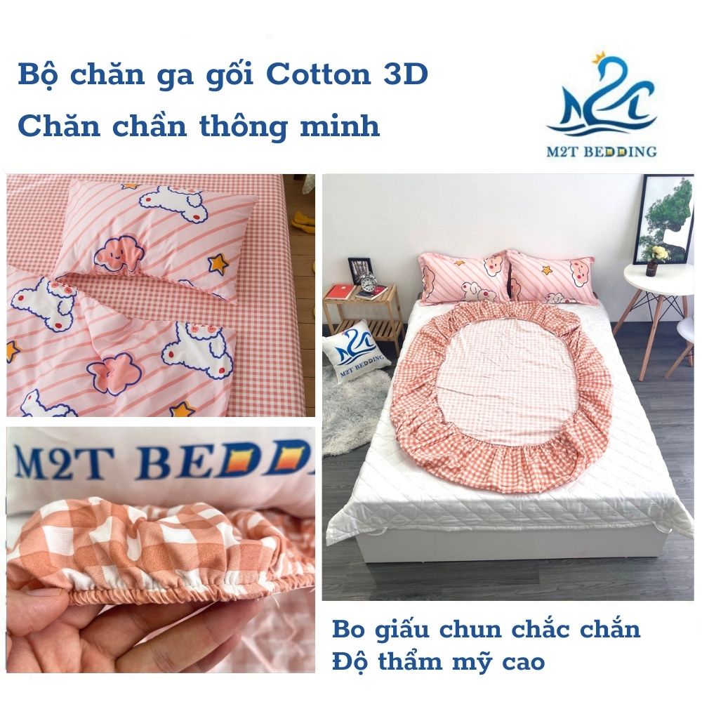 Bộ chăn ga gối Cotton 3D M2T BEDDIND Luxury chăn chần bông thông minh drap giường - CTM Gấu Sọc