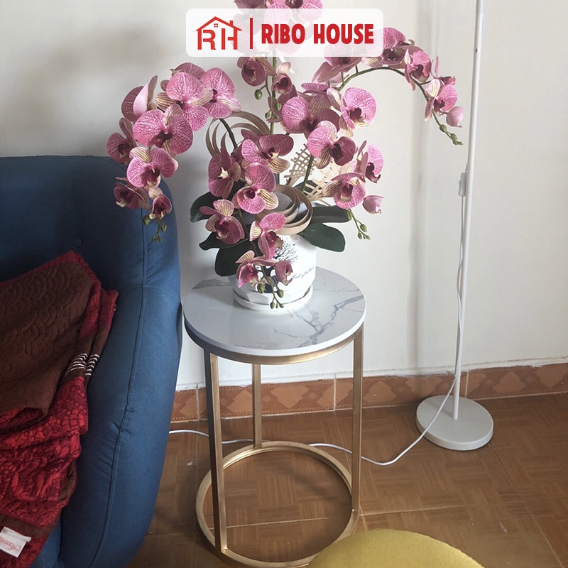 Bàn trà tròn RIBO HOUSE mặt đá hình vân bàn mẫu 1 khung sắt sơn tĩnh điện trang trí phòng khách ban công RIBO91