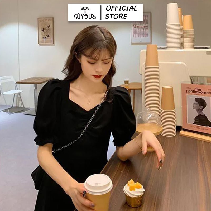 Váy xòe dự tiệc GUYOURs thiết kế cổ nhún váy xẻ tà vải tuyết mưa cao cấp màu đen GUV113 | BigBuy360 - bigbuy360.vn