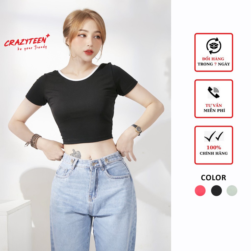 Áo croptop nữ CRAZYTEEN thun cổ tròn khoét lưng AT0130