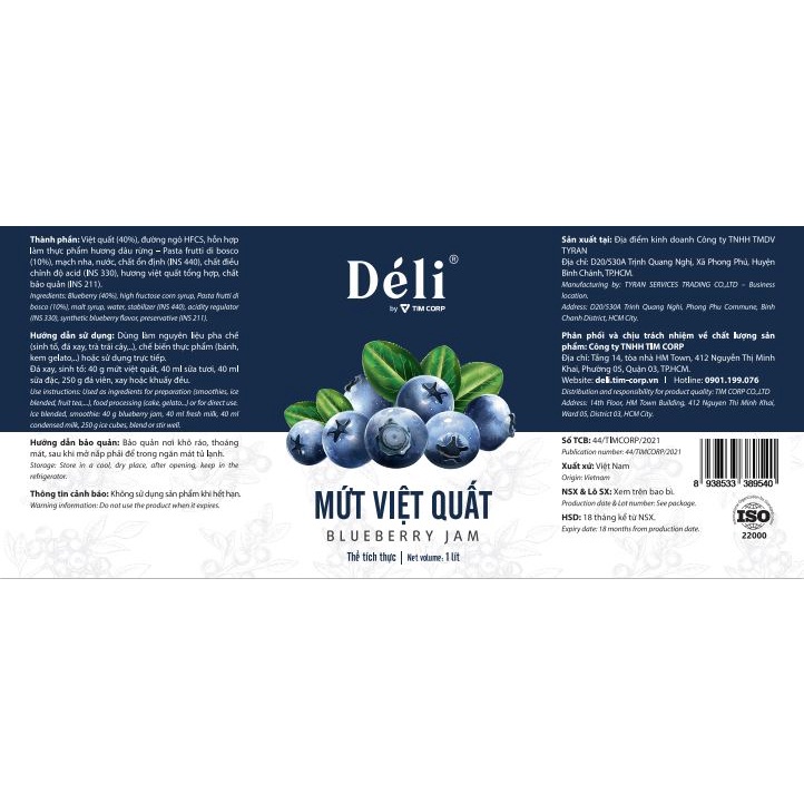 Mứt Việt Quất Déli chai 1L [CHUYÊN SỈ] HSD:18 tháng, nguyên liệu pha chế trà trái cây, soda, smoothie hoặc ăn trực tiếp,