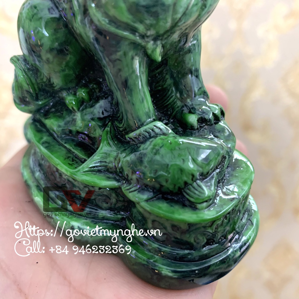 Tượng đá con mèo phong thủy trang trí ôm tài lộc phát tài phát lộc trang trí để bàn - Cao 10cm - Màu xanh lục bích