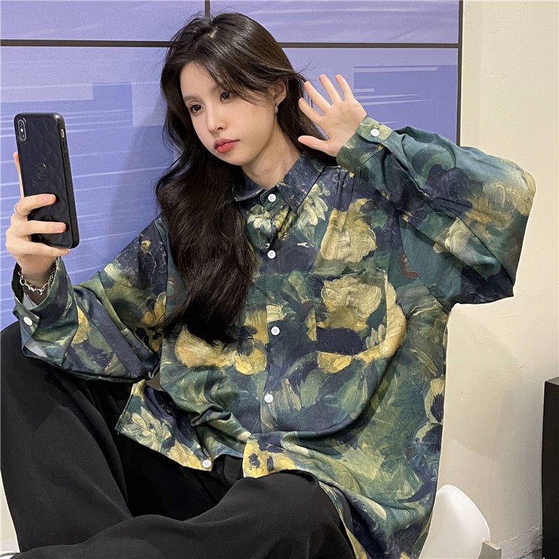 Áo Sơ Mi Dáng Rộng In Họa Tiết Màu Xanh Lá Phong Cách Mới Cho Nữ