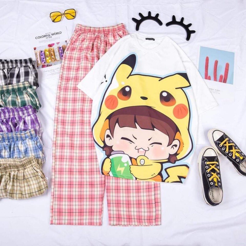 Sét áo cô gái mũ mèo + quần kẻ màu, Áo thun from rộng, Chất đẹp không xù, quần suông ống rộng, Sét bộ mặc ở nhà - MODY