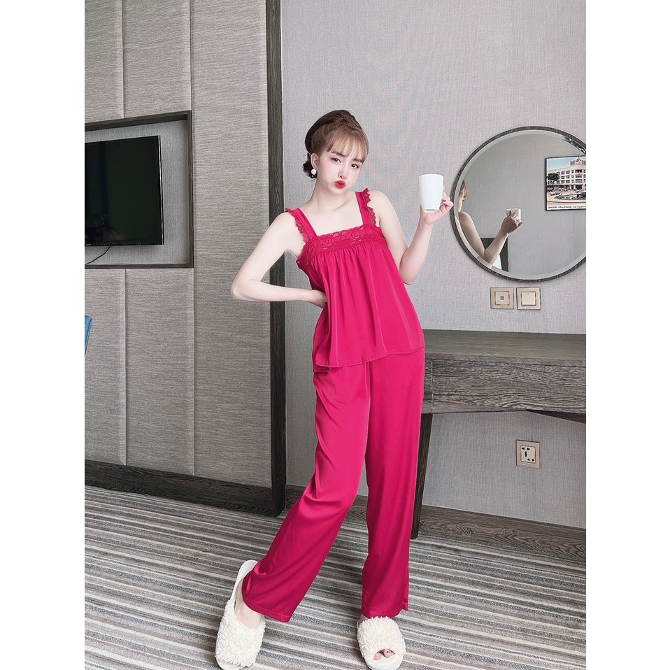 Đồ Ngủ Pijama 2 Dây Lụa Latin Quần Dài Mát-Mềm-Mịn-Không Nhăn, Đồ Bộ Mặc Nhà Bigsize Phong Cách Hàn Quốc