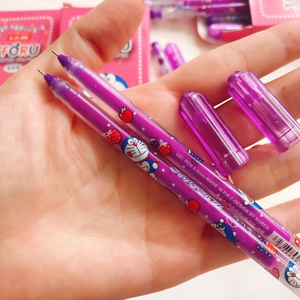 Hộp 12 cây bút mực tím Tforu Doreamon, bút gel nho thơm ngòi 0.38mm viết êm, mực đều