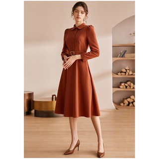 Đầm cam đất cổ sơ mi xòe tay đài kèm đai eo