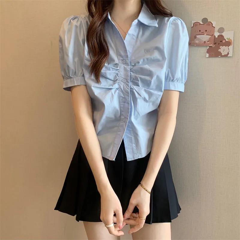 Áo Sơ Mi Tay Phồng Xếp Ly Màu Sắc Ngọt Ngào Phong Cách Hàn Quốc Thời Trang Cho Nữ S-3