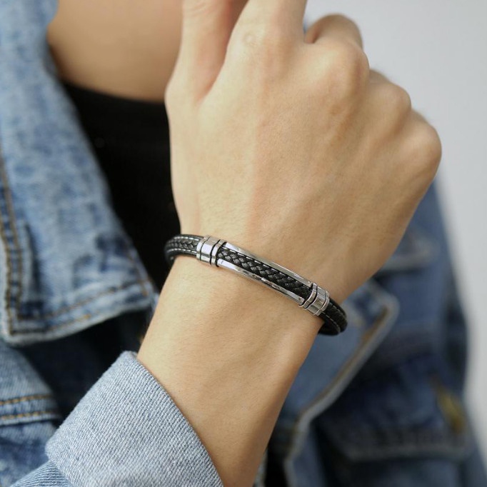 Vòng Tay Nam Dây Da Titan Ko Han Rỉ TT 3982