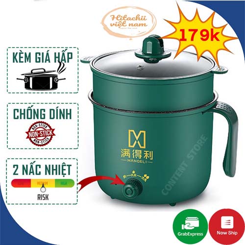 Ca Nấu Mì Chống Dính, Nồi Lẩu Mini Cầm Tay, Nấu Cơm Đa Năng Có Tay Cầm 1,8L Kèm Giá Hấp Tiện Lợi