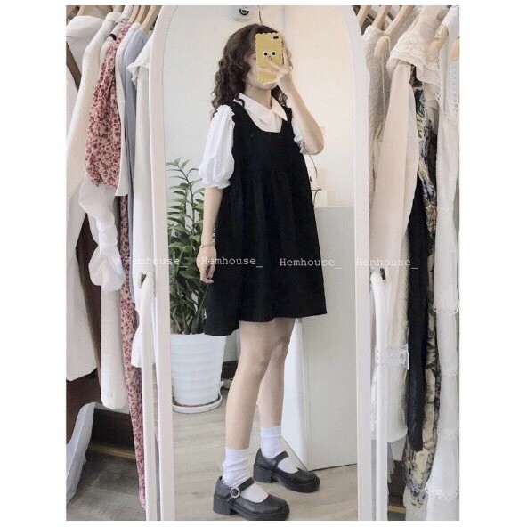 💃 Đầm Yếm Nữ Đen Phối Màu Chất Đũi Váy Yếm Nữ Ngắn Tay Dáng Lửng | BigBuy360 - bigbuy360.vn
