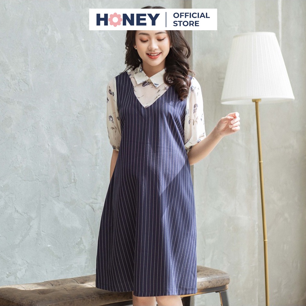Váy bầu công sở, chất liệu âu hàn, tay phối voan lụa, cổ đức, nhiều size - Thời trang đầm bầu cao cấp HONEY