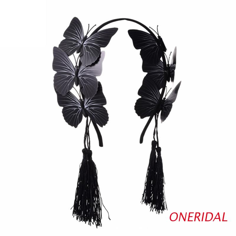 Băng Đô Cài Tóc Hình Cánh Bướm Màu Đen Phối Tua Rua Phong Cách Lolita Sáng Tạo