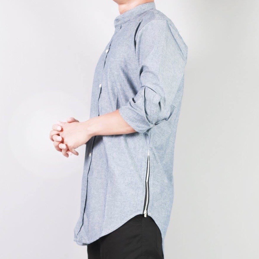 Áo Sơ Mi Cotton Nam Cổ Trụ Cao Cấp,Form Dáng Dài , Phối Zip Hông Cá Tính Mạnh Mẽ, Thời Trang Thời Thượng