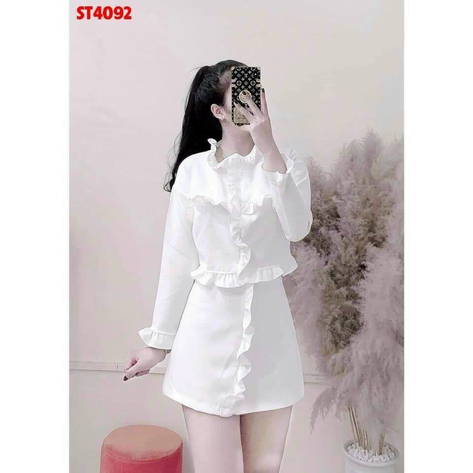 Set Bộ Áo Tay Dài Và Chân Váy Phối Bèo Xinh Xắn Rose Fashion