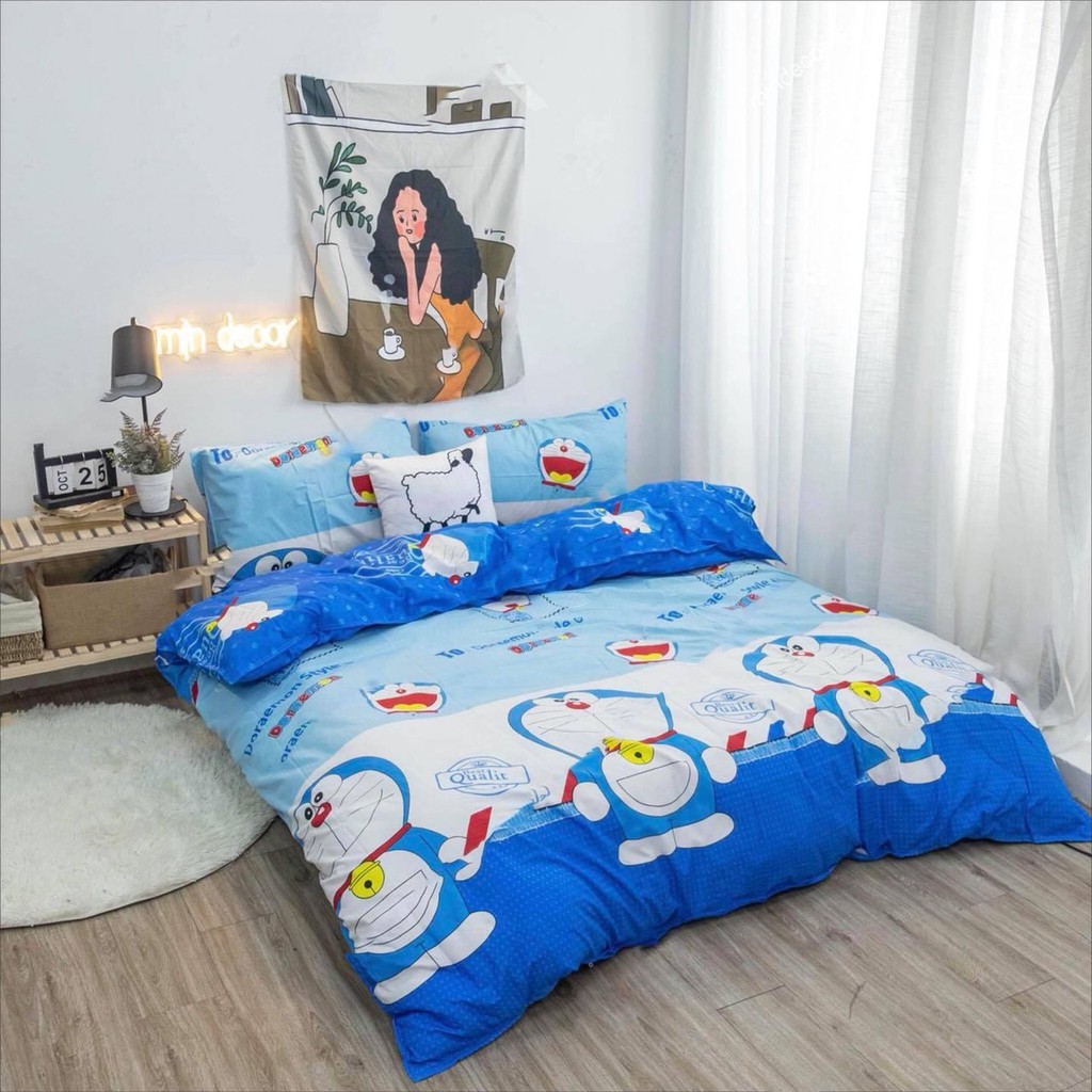 Ga trải giường cotton bộ chăn ga gối chăn (mền) phao siêu nhẹ  liền ruột  mềm mịn cho mùa thu đông