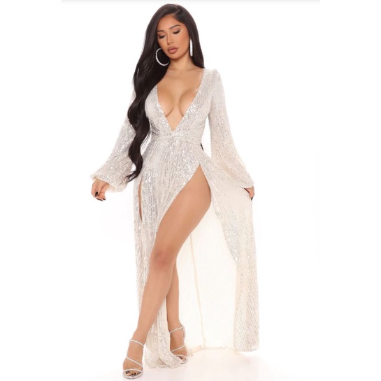 Kinsley sequin maxi dress vnxk đầm tiệc body dáng dài nhũ bling xẻ tà đôi cổ V sâu tay dài siêu sexy xuất khẩu dư xịn