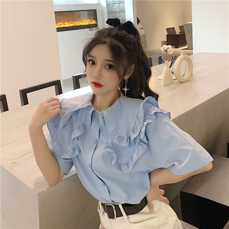 Áo sơ mi babydoll tay ngắn dáng rộng màu trắng trơn phong cách Hàn Quốc thời trang