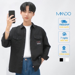 Áo Sơ Mi Trơn Dài Tay Nam MANDO 2 Màu Đen Trắng Có Túi In Họa Tiết Form Rộng Basic Unisex Thời Trang Hàn Quốc SMD115