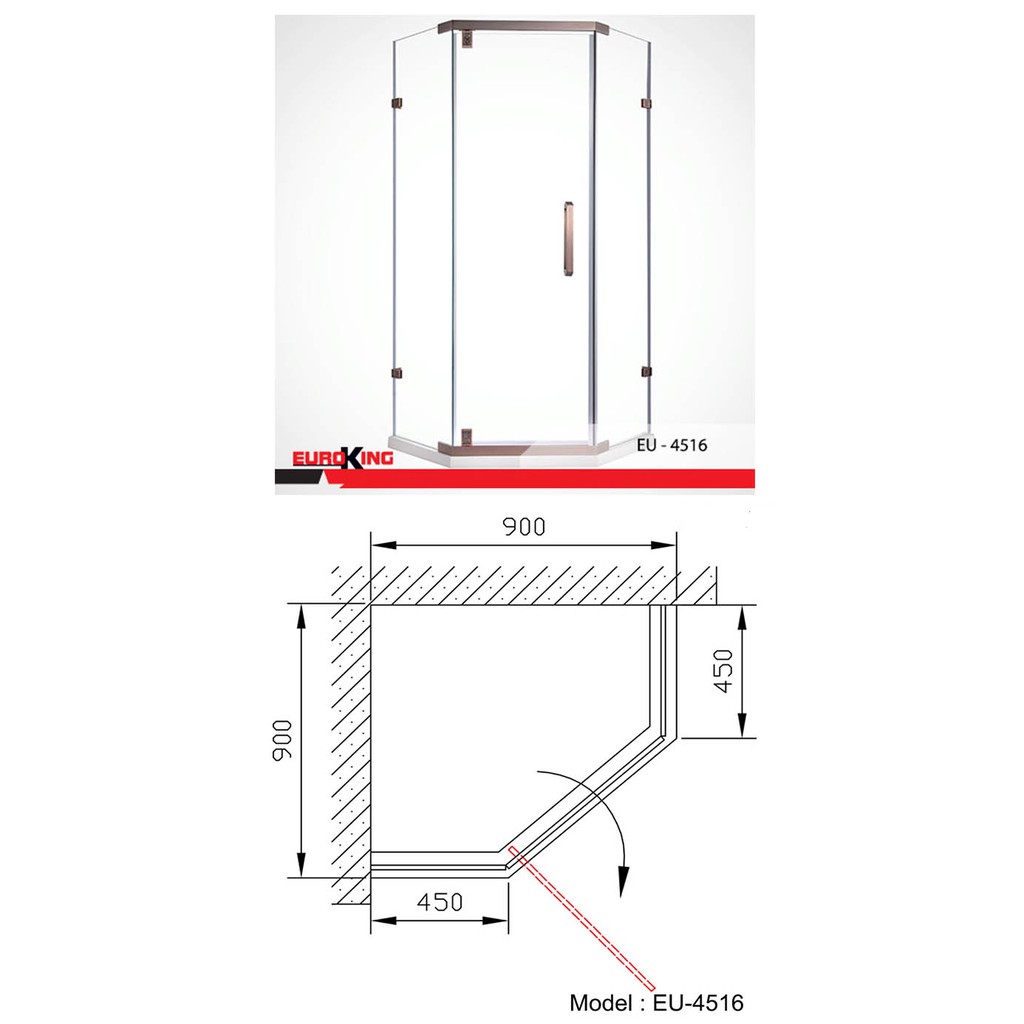 Phòng tắm vách kính EU-4516, kính cường lực, cửa mở