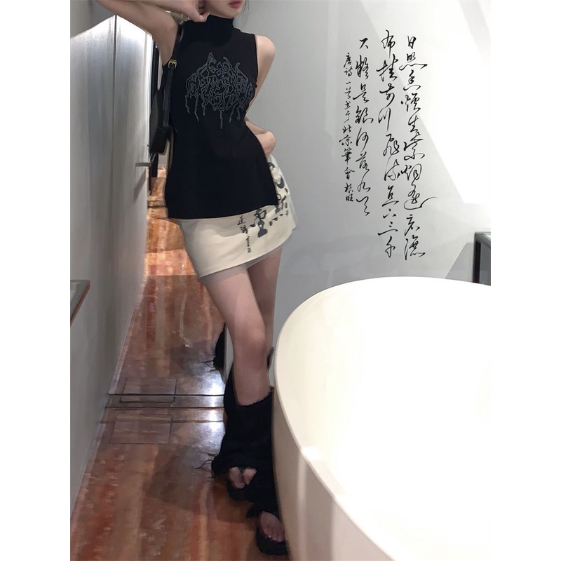 Áo Hai Dây Cổ Cao Màu Đen Phong Cách Trung Hoa Thời Trang Cho Nữ Y2k