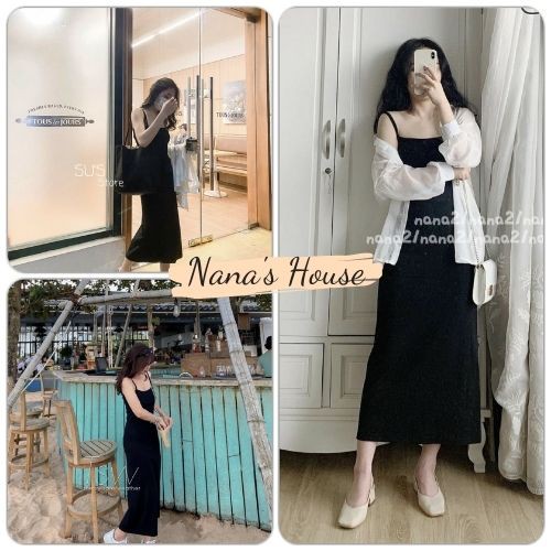 Váy 2s Thun Trơn Basic Nữ 🎁 Nana's House - FREESHIP 🎁 Đầm midi hai dây suông dáng dài màu đen vintage