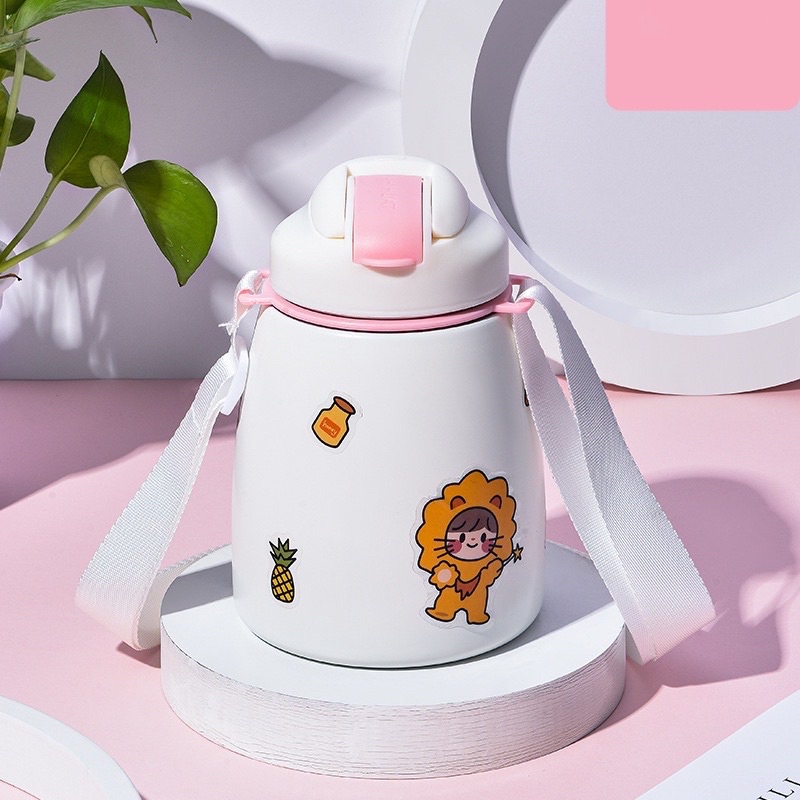 [ Có dây đeo, ống hút, sticker] Bình nước giữ nhiệt cute có sticker và ống hút - Bình giữ nhiệt 80ml cho bé inox 304 xịn