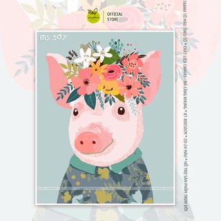 Tranh tô màu theo số, tranh số hóa, tranh tô màu số hóa Madoca - Chú Heo đội hoa đáng yêu T587