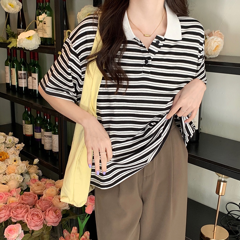 Áo thun SUXI ngắn tay dáng rộng họa tiết kẻ sọc màu tương phản phong cách Hàn Quốc thời trang mùa hè cho nữ