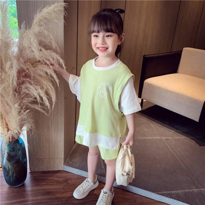 Áo Thun Tay Ngắn Giả Hai Mảnh Dáng Rộng Vải Cotton Thời Trang Xuân Thu Cho Bé Gái