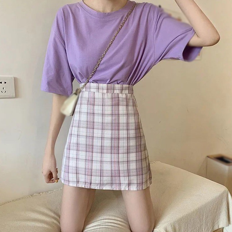 Chân Váy Eo Cao Kẻ Ca-Rô Trẻ Trung Thanh Lịch Hợp Thời Trang