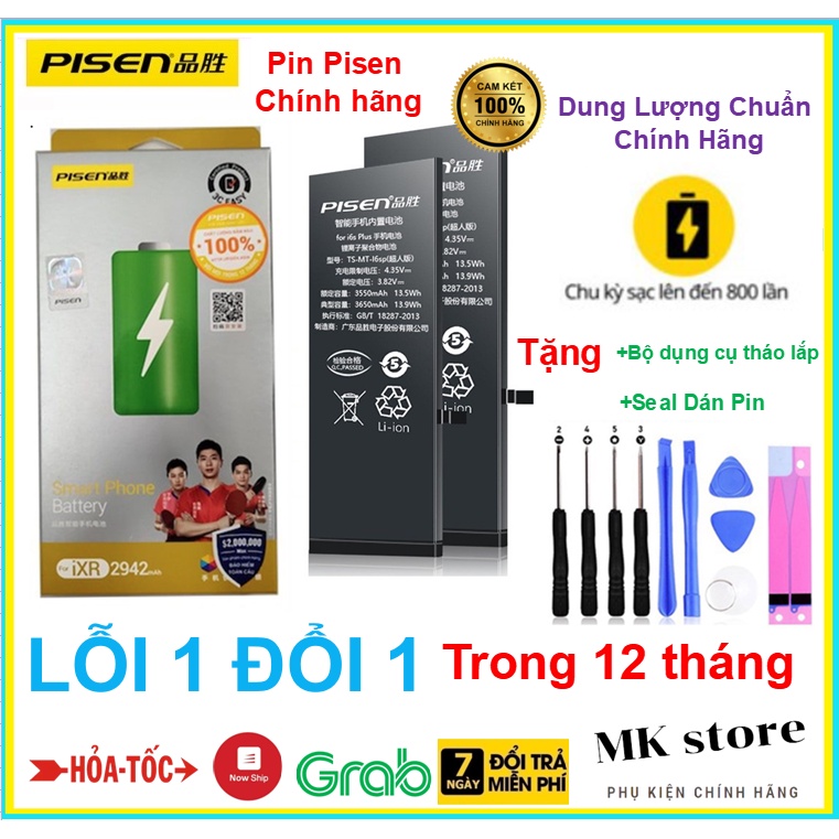 PIN PISE ip,ĐT táo DUNG LƯỢNG CHUẨN Cho IP 11 Pro Max/6S Plus/7 PLUS/8/8pl/X/Xs/Xr/Xsmax + Bộ Vít tháo lắp