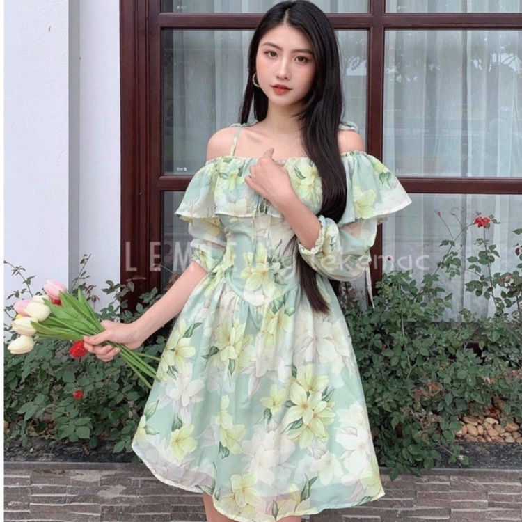 SẴN HÀNG Váy Hoa Ngắn Trễ Vai V22, Đầm Xòe Hoa Dài Tay Phong Cách Tiểu Thư Vải Voan Hoa Cam , Hoa Hồng LEMIE by lekemqc