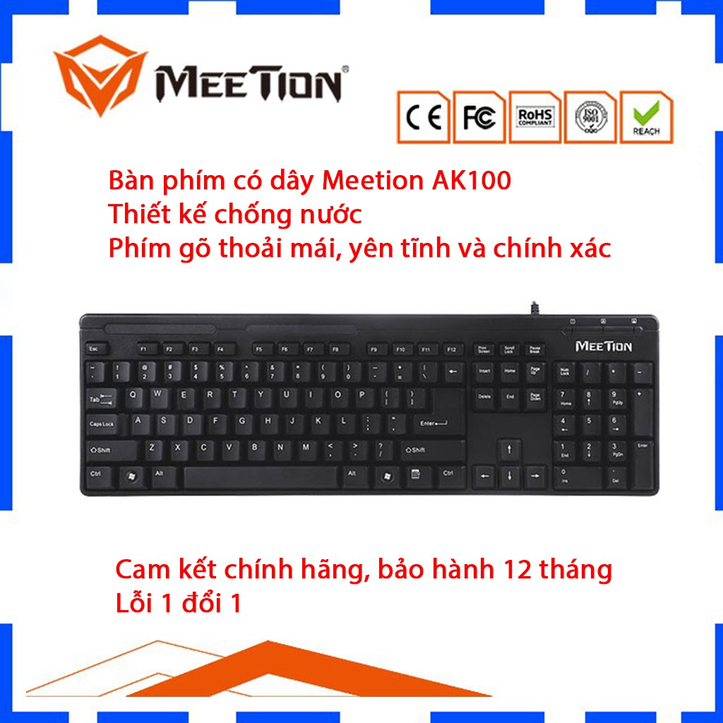 Bàn phím có dây Meetion AK100 - Bàn phím văn phòng bán chạy nhất 2020 - Thiết kế không thấm nước - Bảo hành 12 tháng