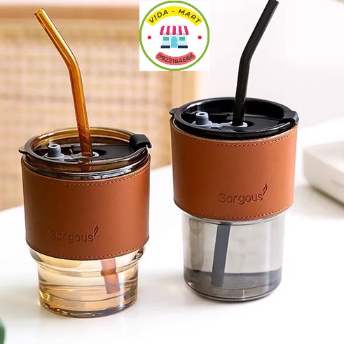 Cốc Thuỷ Tinh Có Nắp Bọc Da Decor , Ly Đẹp Cute Gorgous Chịu Nhiệt 450ml Kèm Ống Hút Thuỷ Tinh BenZ Home