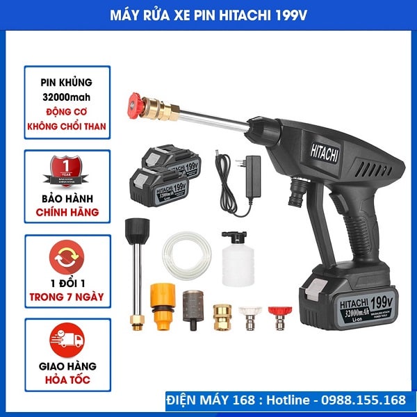 Máy rửa xe dùng pin, Máy rửa xe mini Hitachi 199v