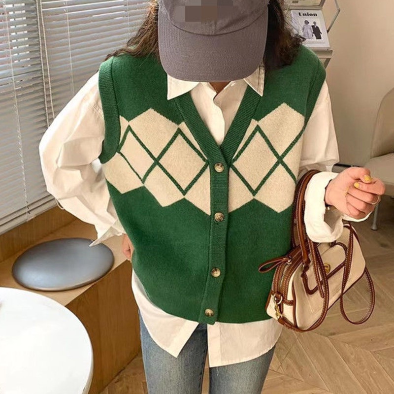 Áo Sweater Dệt Kim Không Tay Cổ Chữ v Họa Tiết Kim Cương Màu Sắc Tương Phản Phong Cách Hàn Quốc